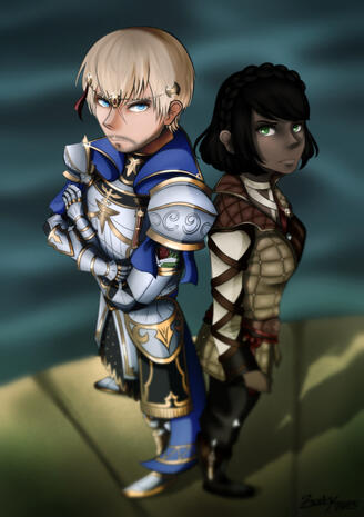 My sister and I&#39;s FFXIV characters, Griff and Deidre.