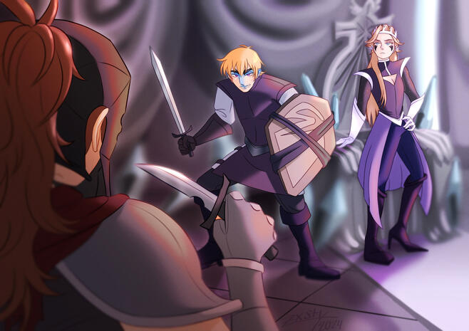 An Artfight attack featuring three of Arkquackie&#39;s characters.