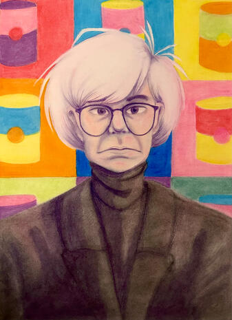 A caricature I made for school depicting Andy Warhol. Pastels, colored pencil, and oil glaze on illustration board.