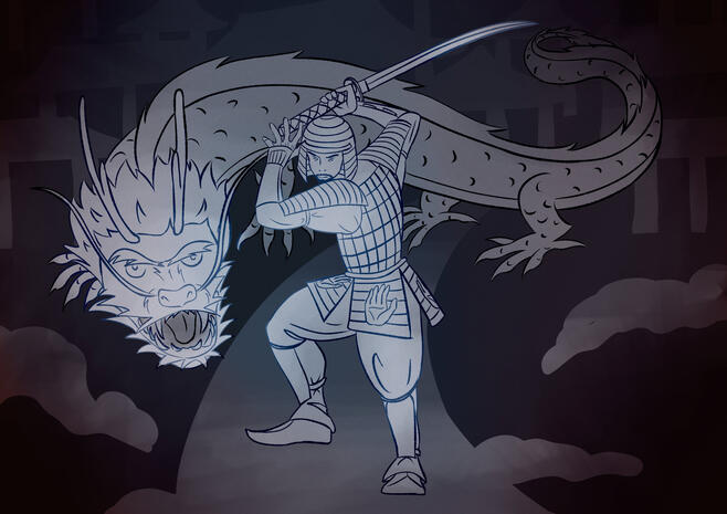 An illustration made for art history class depicting a haniwa-inspired character and a Korean dragon.