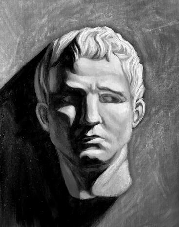 A painting depicting a plaster cast head, made for school. Oil on canvas board.