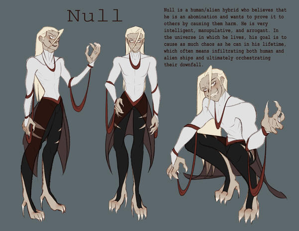 A character sheet for my character, Null. Made for character design class.
