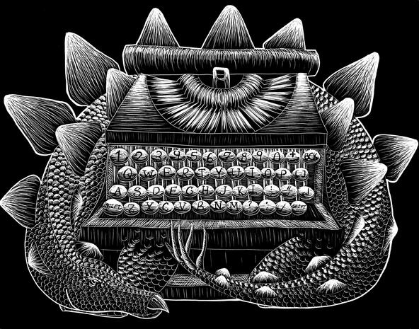 A surrealist illustration for school, made on scratchboard.