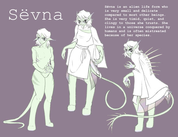 A character sheet for my character, Sevna. Made for character design class.