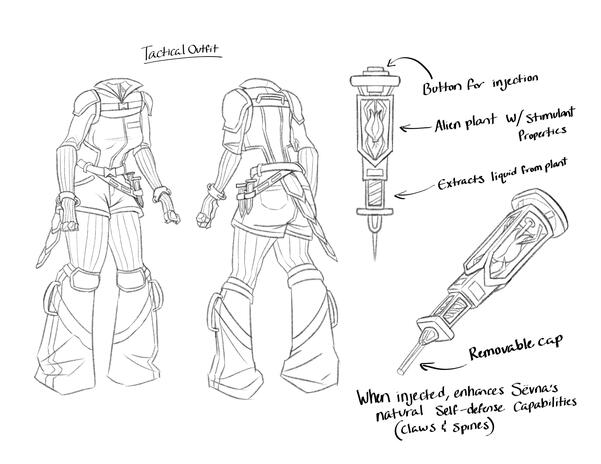 An outfit design for my character, Sevna. Made for character design class.